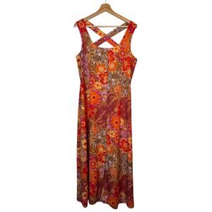 Coldwater Creek Floral Midi Dress Size 14 Multicolor Vibrant Boho Retro 70s